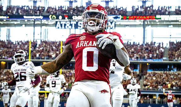 Arkansas Razorbacks running back AJ Green (0) in action during the game between the Arkansas Razorbacks and the Texas A&M Aggies at AT&T Stadium.